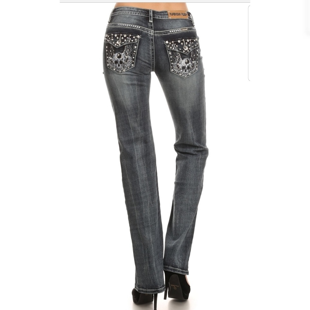 Skull Motorcycle Biker Jeans 33 inch - Picture 4 of 8